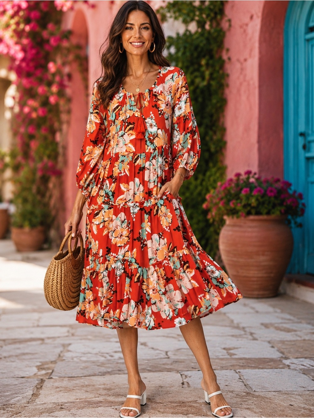NWT EASEL RED FLORAL DESIGN MIDI TIERED oversized DRESS SMALL COMFY FLOWY NEW